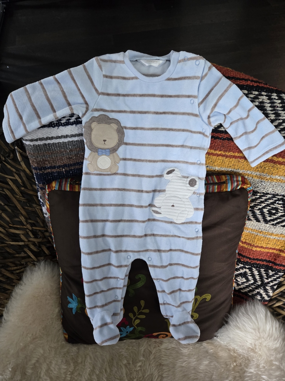 Mayoral Light Blue & Brown Striped Footed One-Piece with Lion and Bunny